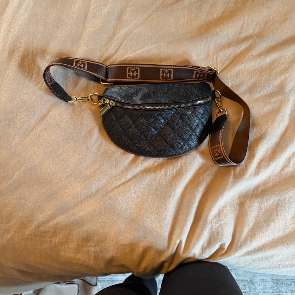 Black Quilted Crossbody Belt Bag with Branded Strap